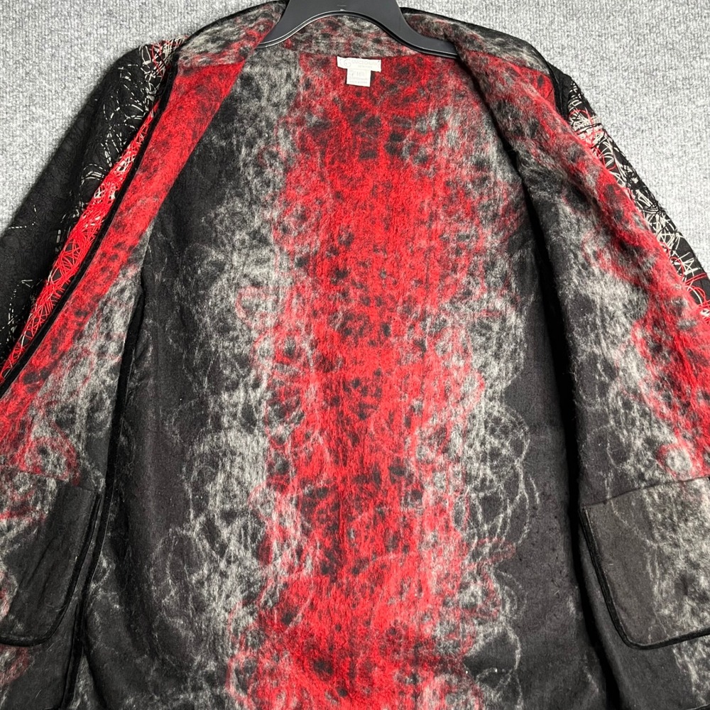 Grace Chuang Red Black Abstract Wool Blend Open Front Jacket Mandarin Collar M - Picture 10 of 10
